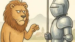 Vic: Lačen lev zagleda viteza v oklepu…
